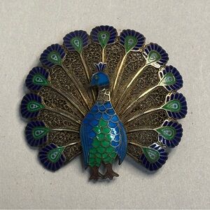 Vintage Topazio Blue Enamel & Sterling Peacock Pin #4828